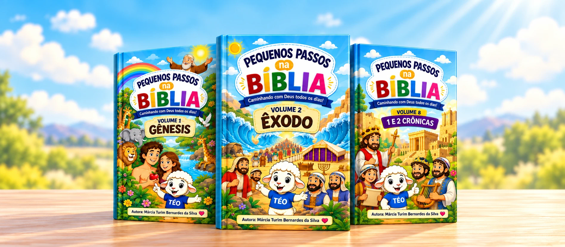 Capas dos 22 volumes de Pequenos Passos na Bíblia, um ao lado do outro